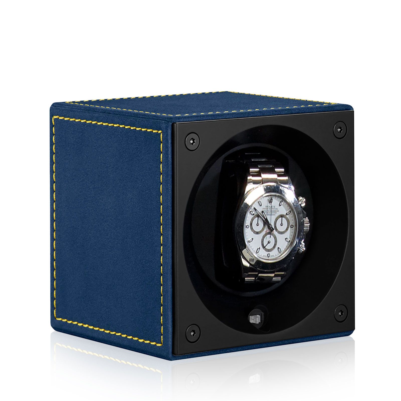 Swiss Kubik Watch Winder Masterbox Velour Windsor - Blue / Yellow Topstitching