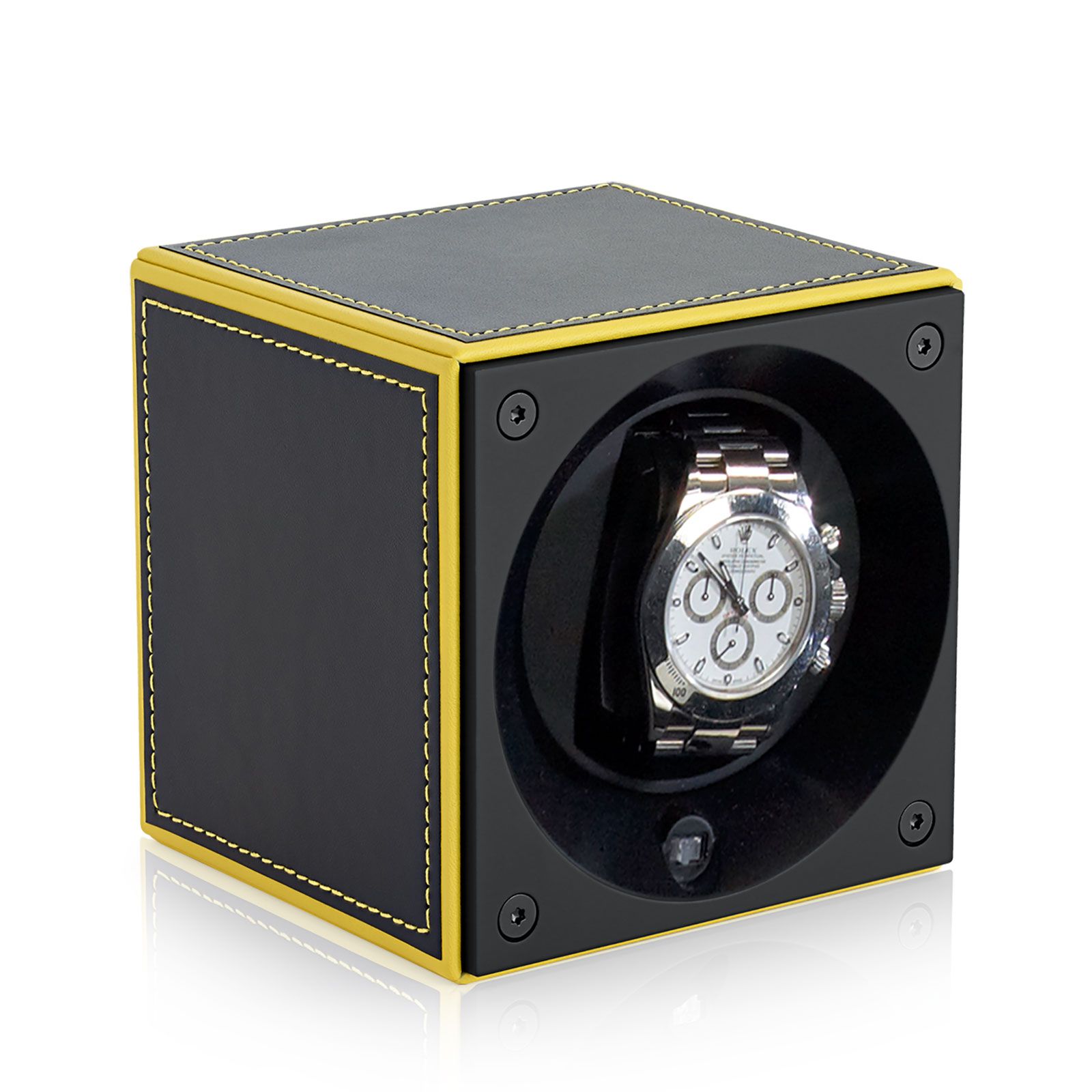 Swiss Kubik Watch Winder Leather Masterbox - Black Yellow Edges / Yellow Decorative Stitching