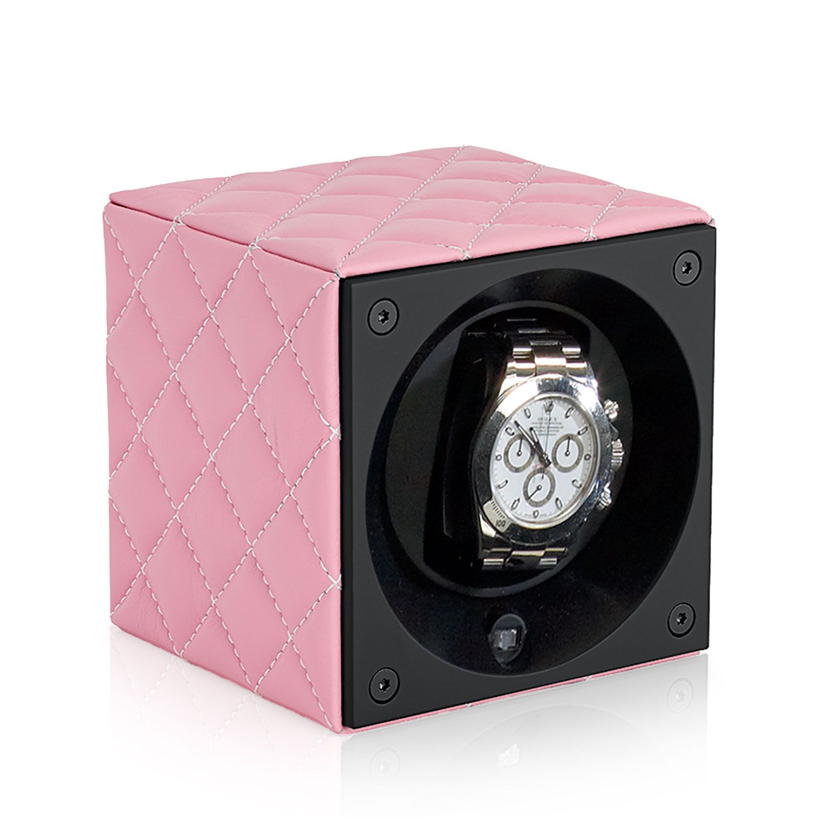 Swiss Kubik Watch Winder Masterbox Couture - Pink Diamond / White Decorative Stitching